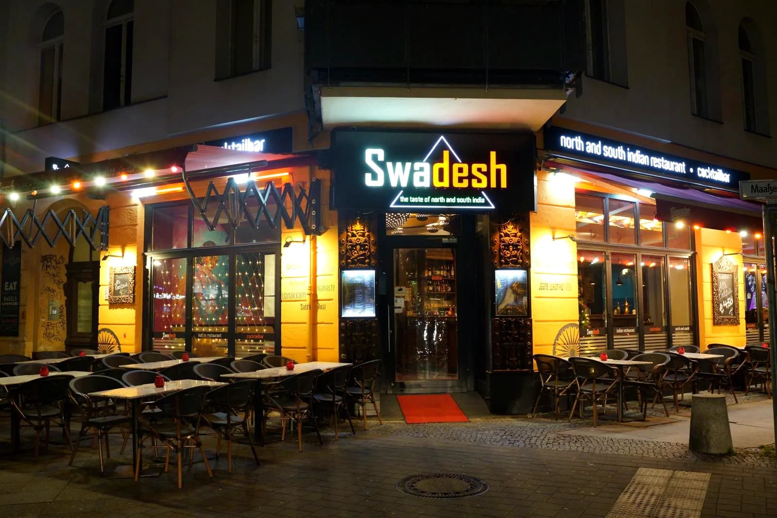 Exterior entrance of Swadesh Restaurant on Maaßenstraße in Berlin